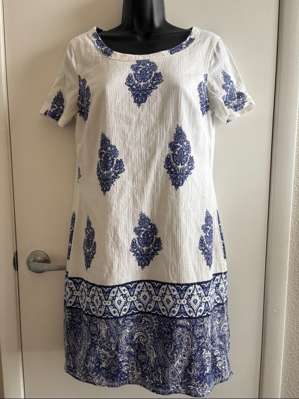Adrianna Papell White and Navy Blue Preppy Office Beachy Midi Dress SZ 8